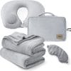 Bedsure Travel Blanket Set with Inflatable Neck Pillow and Eye Mask - Lightweight 3-in-1 Airplane Packable Blanket, Compact Travel Essentials, Grey - 1