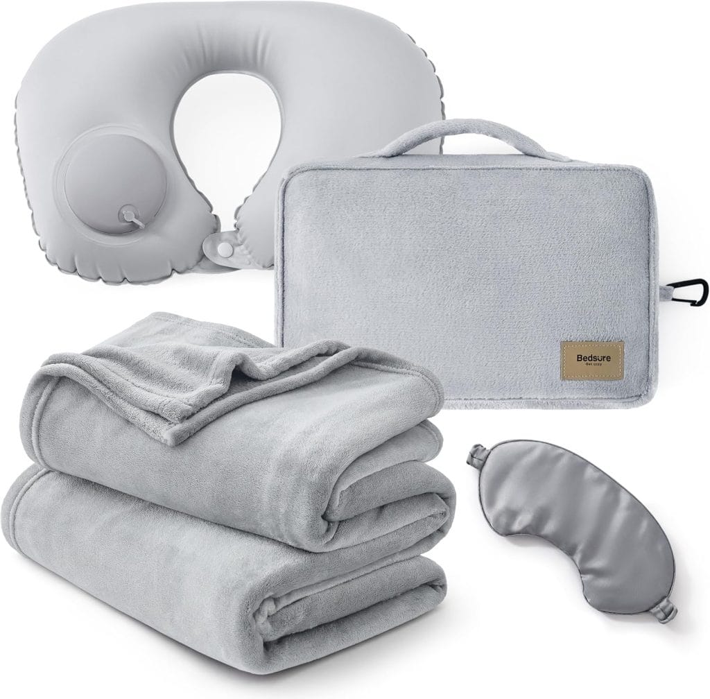 Bedsure Travel Blanket Set with Inflatable Neck Pillow and Eye Mask – Lightweight 3-in-1 Airplane Packable Blanket, Compact Travel Essentials, Grey