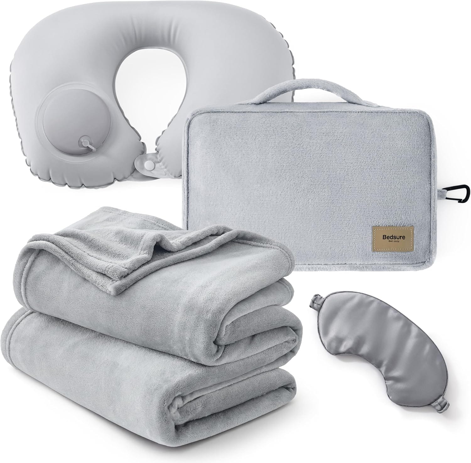 Bedsure Travel Blanket Set with Inflatable Neck Pillow and Eye Mask - Lightweight 3-in-1 Airplane Packable Blanket, Compact Travel Essentials, Grey - 1