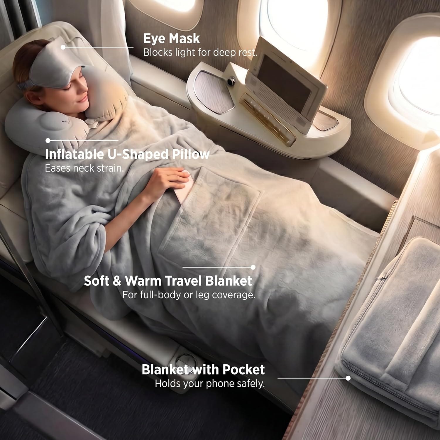 Bedsure Travel Blanket Set with Inflatable Neck Pillow and Eye Mask - Lightweight 3-in-1 Airplane Packable Blanket, Compact Travel Essentials, Grey - Image 3