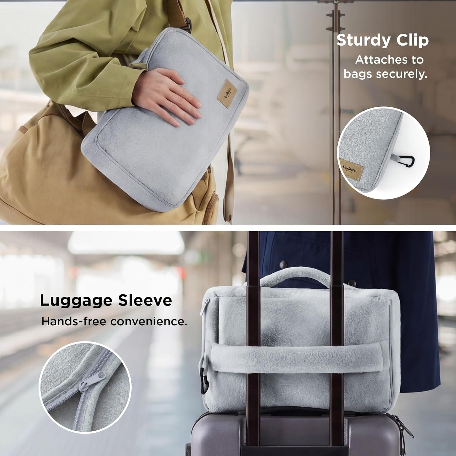 Bedsure Travel Blanket Set with Inflatable Neck Pillow and Eye Mask - Lightweight 3-in-1 Airplane Packable Blanket, Compact Travel Essentials, Grey - Image 6