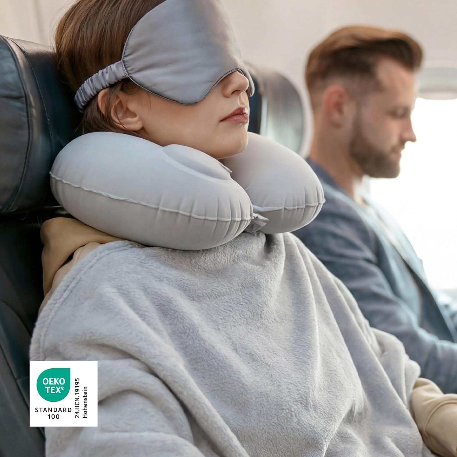 Bedsure Travel Blanket Set with Inflatable Neck Pillow and Eye Mask - Lightweight 3-in-1 Airplane Packable Blanket, Compact Travel Essentials, Grey - Image 5