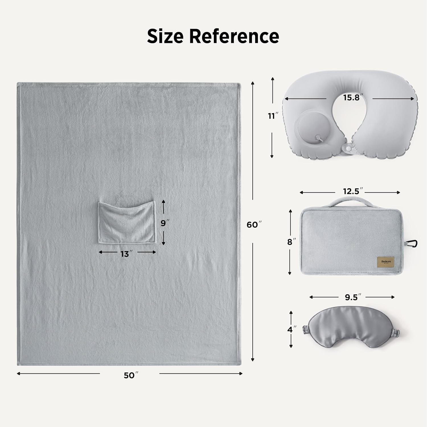 Bedsure Travel Blanket Set with Inflatable Neck Pillow and Eye Mask - Lightweight 3-in-1 Airplane Packable Blanket, Compact Travel Essentials, Grey - Image 7