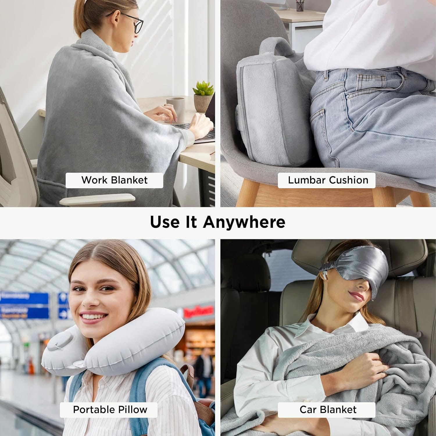 Bedsure Travel Blanket Set with Inflatable Neck Pillow and Eye Mask - Lightweight 3-in-1 Airplane Packable Blanket, Compact Travel Essentials, Grey - Image 8
