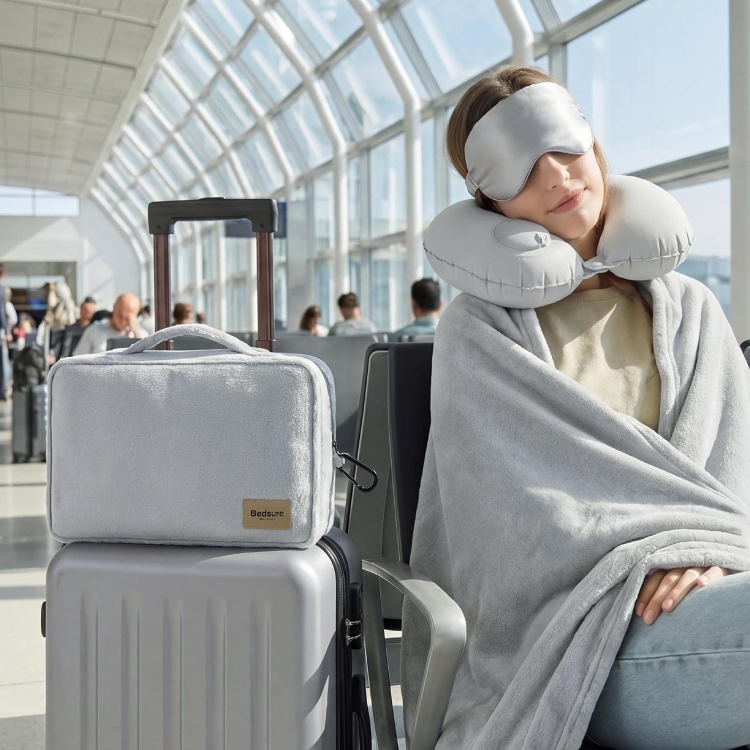 Bedsure Travel Blanket Set with Inflatable Neck Pillow and Eye Mask - Lightweight 3-in-1 Airplane Packable Blanket, Compact Travel Essentials, Grey - Image 9