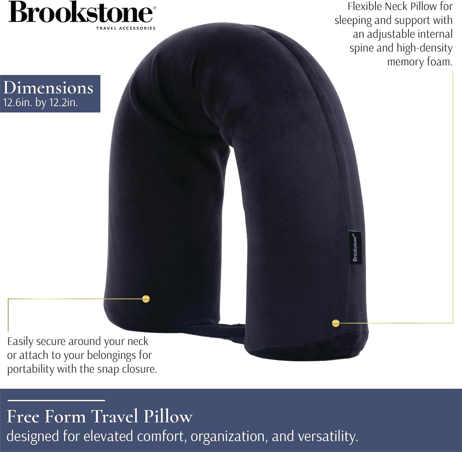 Brookstone Free Form Travel Pillow - Lightweight Flexible Memory Foam Travel Neck Pillow for Sleeping, Car, Airplane & Travel Support, Size: One Size, Black | Adjustable Internal Spine Shapes Into a U, Roll or Curve for Neck, Back or Side-Sleeper Support, Foldable for Any Trip - Image 3