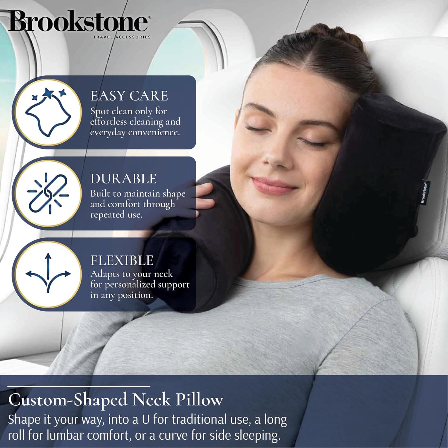 Brookstone Free Form Travel Pillow - Lightweight Flexible Memory Foam Travel Neck Pillow for Sleeping, Car, Airplane & Travel Support, Size: One Size, Black | Adjustable Internal Spine Shapes Into a U, Roll or Curve for Neck, Back or Side-Sleeper Support, Foldable for Any Trip - Image 4