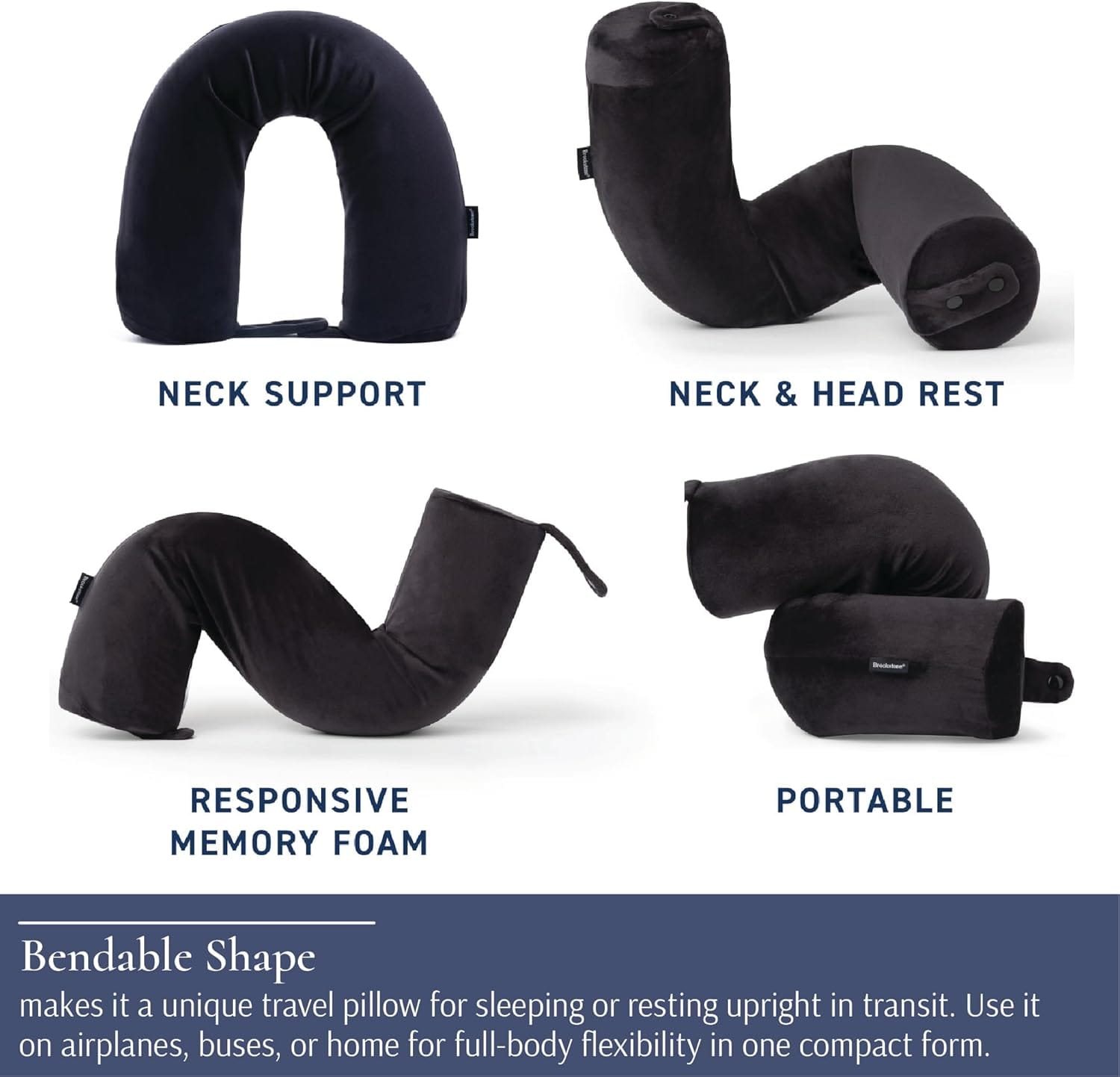Brookstone Free Form Travel Pillow - Lightweight Flexible Memory Foam Travel Neck Pillow for Sleeping, Car, Airplane & Travel Support, Size: One Size, Black | Adjustable Internal Spine Shapes Into a U, Roll or Curve for Neck, Back or Side-Sleeper Support, Foldable for Any Trip - Image 6