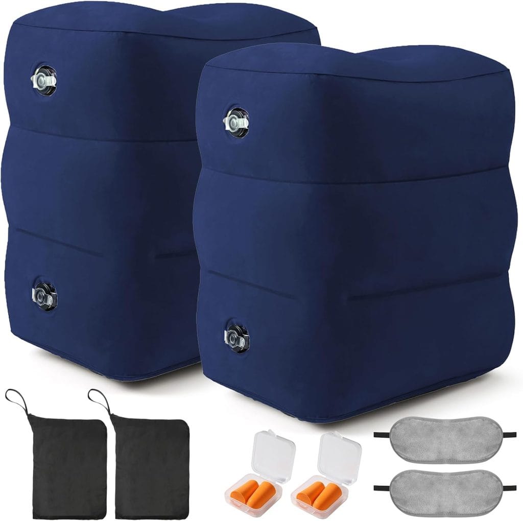 Inflatable Foot Rest Pillow for Travel – Adjustable Height Flight Foot Rest | with Eye Mask and Earplugs for Kids & Adults on Airplane, Car, Train, Office, and Home (Blue, 2 PCS)