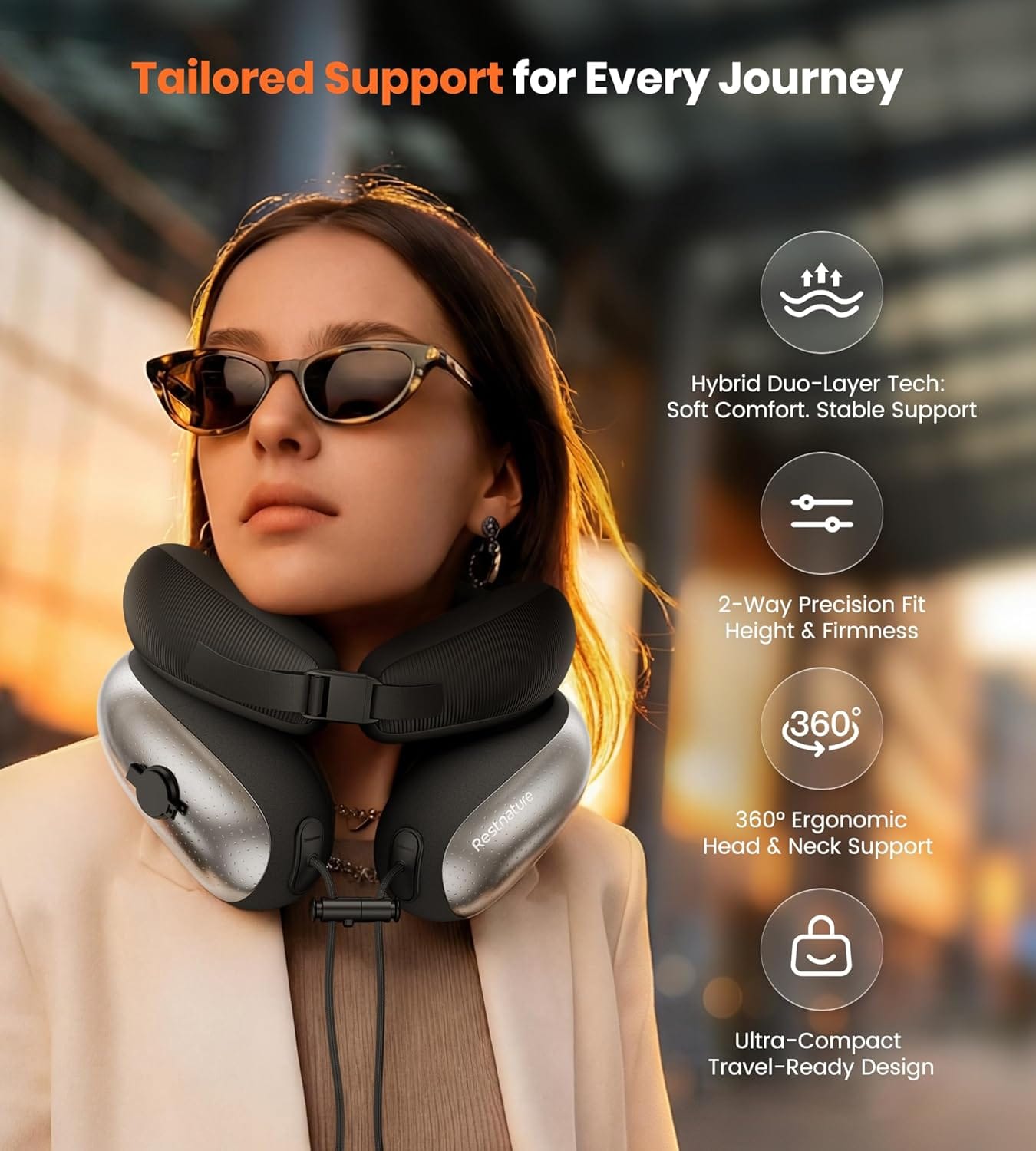 Neck Pillow for Traveling, Travel Pillows for Airplanes, Adjustable Neck Pillow Airplane Travel Essentials - 2 Layer Patented | Inflatable Air Loop & Memory Foam for 360° Ergonomic Support - Image 6