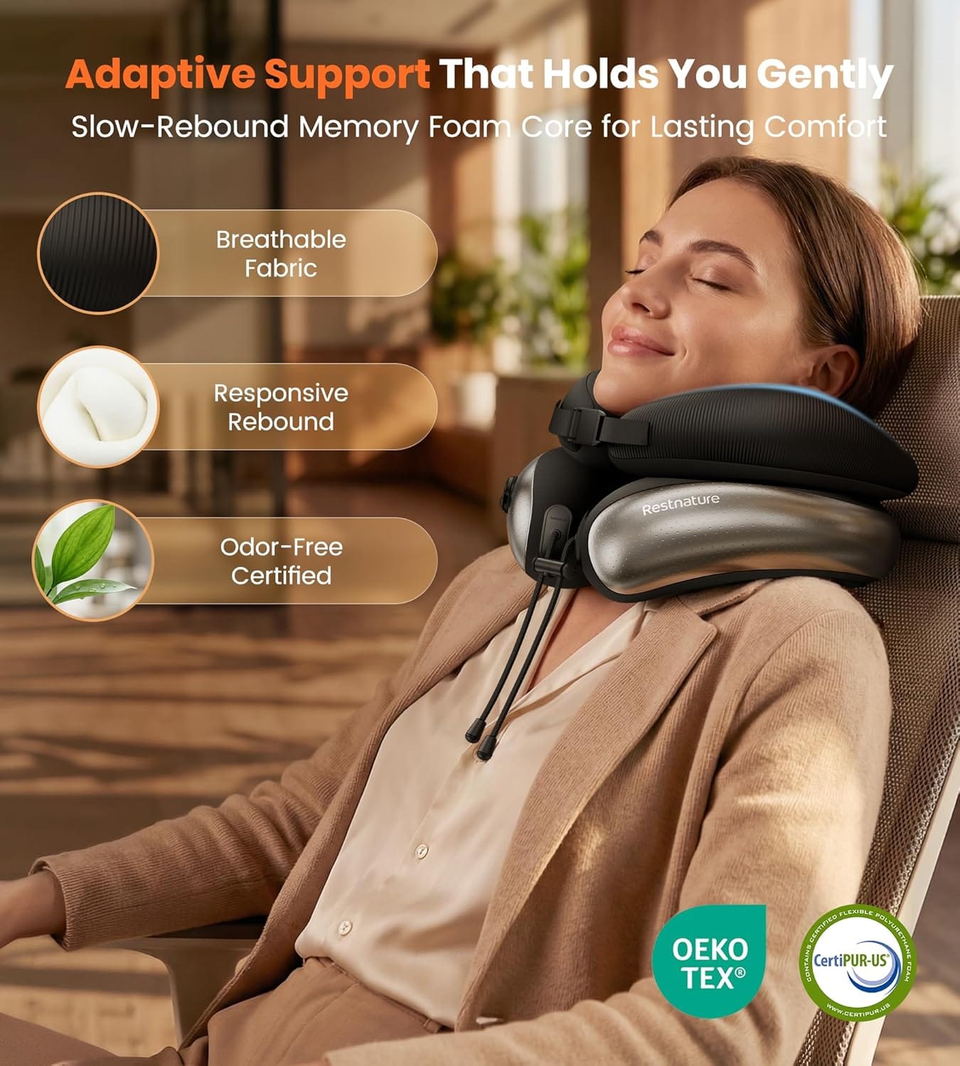 Neck Pillow for Traveling, Travel Pillows for Airplanes, Adjustable Neck Pillow Airplane Travel Essentials - 2 Layer Patented | Inflatable Air Loop & Memory Foam for 360° Ergonomic Support - Image 8