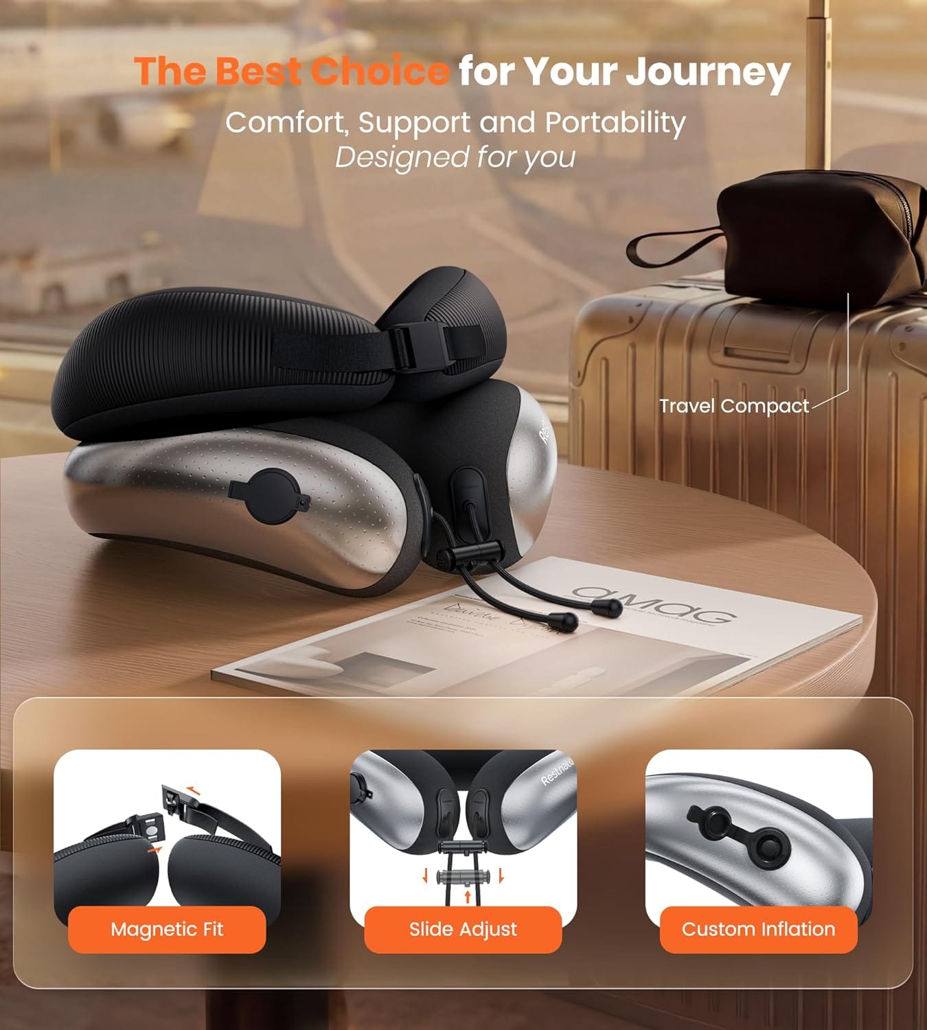 Neck Pillow for Traveling, Travel Pillows for Airplanes, Adjustable Neck Pillow Airplane Travel Essentials - 2 Layer Patented | Inflatable Air Loop & Memory Foam for 360° Ergonomic Support - Image 2