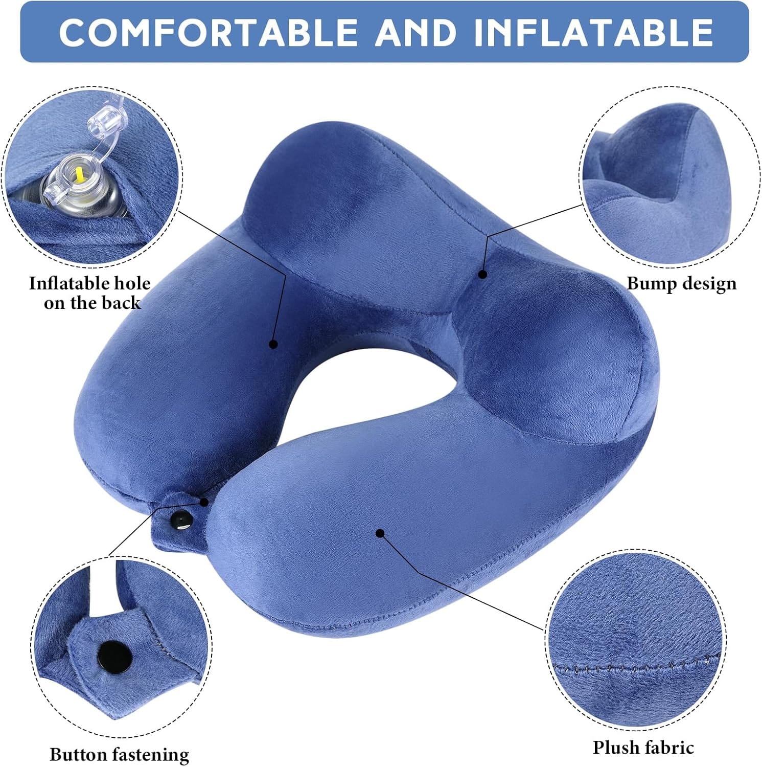 Sintuff 2 Pcs Inflatable Travel Pillow with Compact Bag and Blindfold Velvet Inflatable Neck Airplane Pillow Washable Cushion for Airplanes Flight Car Long Traveling Kids Adults Grey Blue - Image 4