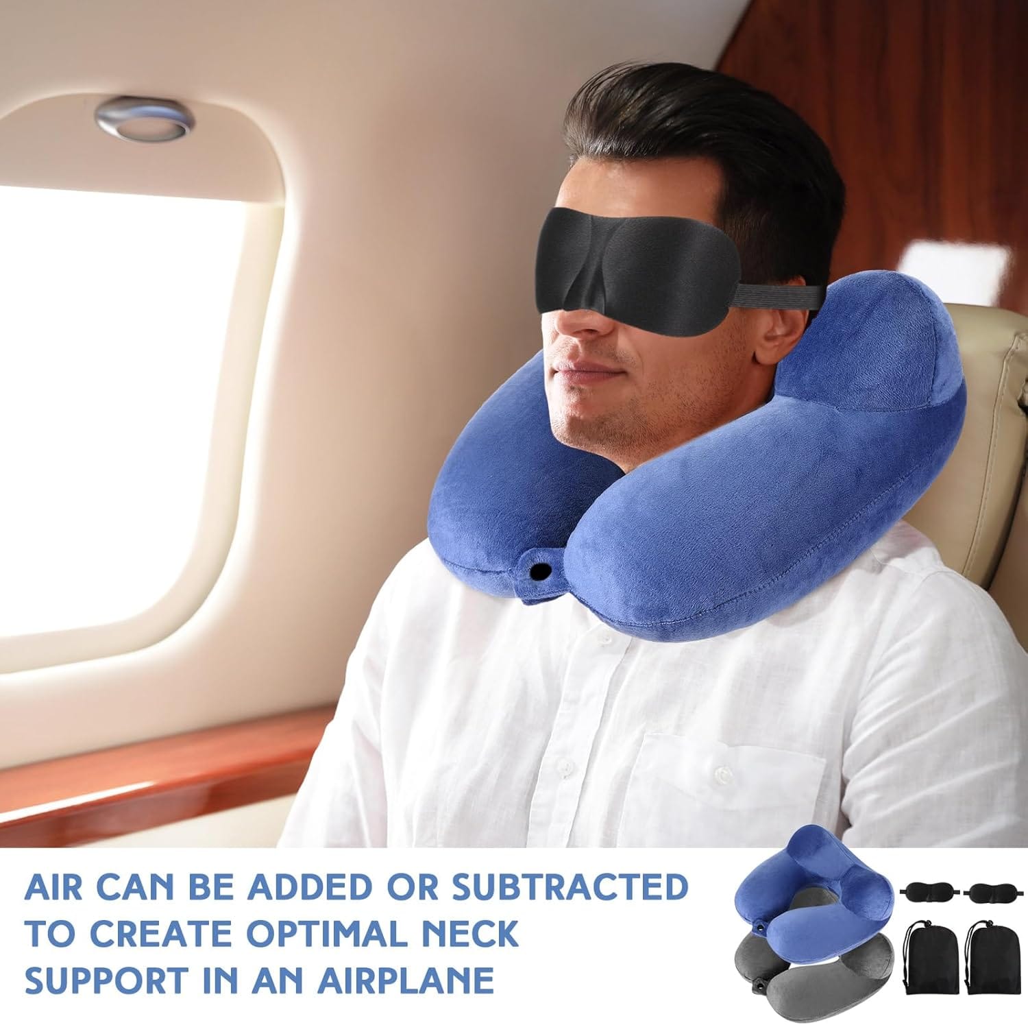Sintuff 2 Pcs Inflatable Travel Pillow with Compact Bag and Blindfold Velvet Inflatable Neck Airplane Pillow Washable Cushion for Airplanes Flight Car Long Traveling Kids Adults Grey Blue - Image 5