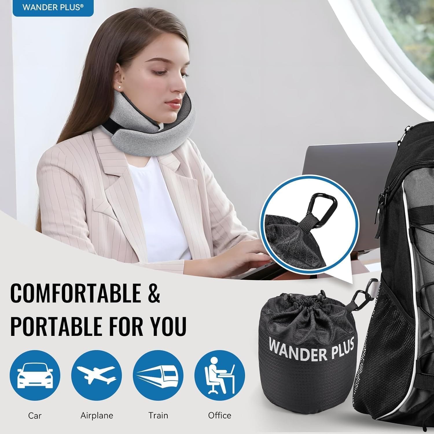 WANDER PLUS® Travel Neck Pillow, Pure Memory Foam Neck Pillow for Airplanes, Comfortable Breathable Cover, 360 Degree Support Ergonomic Design Best for Sleeping Plane Train Travel Essentials Max Pink - Image 3