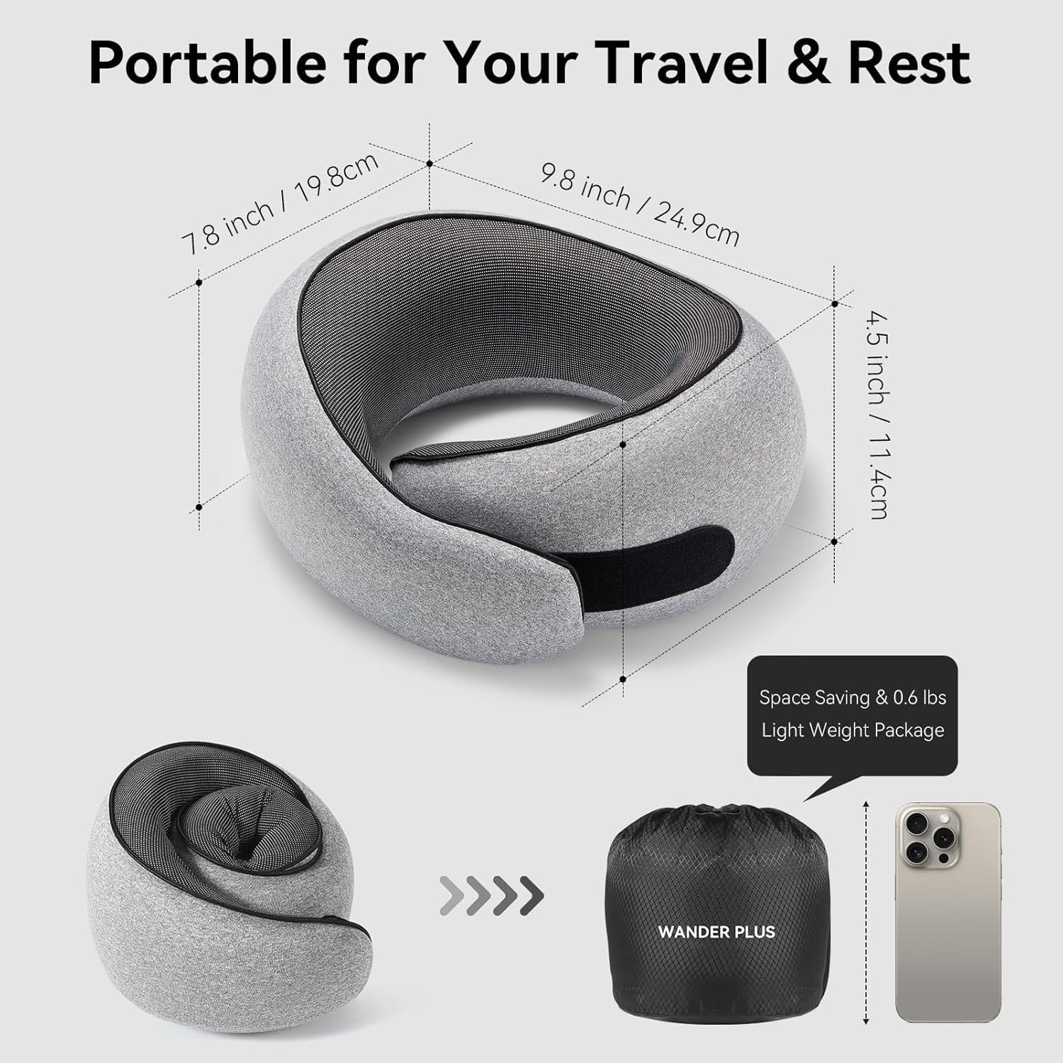 WANDER PLUS® Travel Pillow, 100% Pure Memory Foam Travel Neck Pillow Airplane Neck Support Ergonomic Design Best for Sleeping Plane Car Train Office Flight for Adults Grey - Image 3
