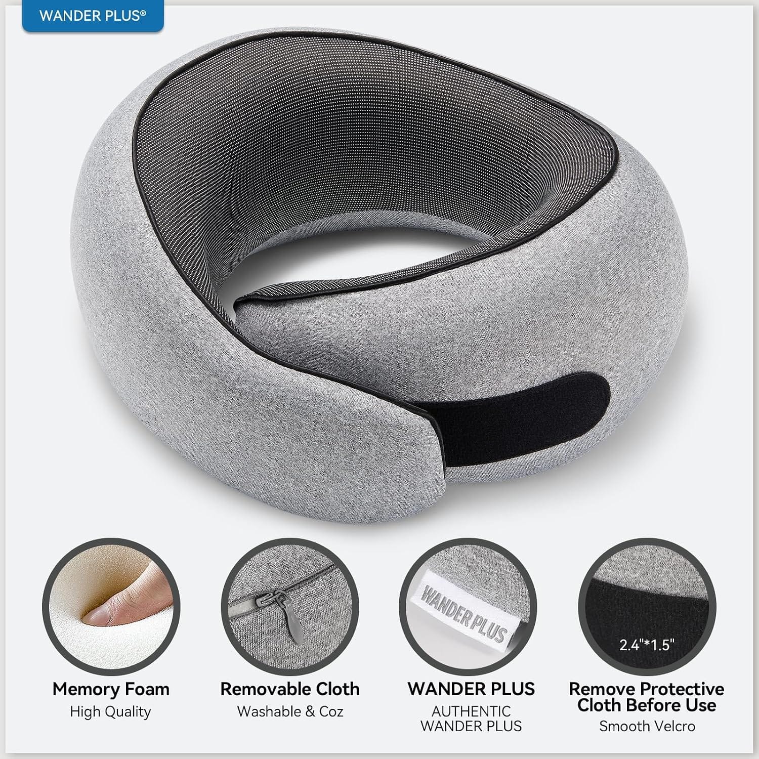WANDER PLUS® Travel Pillow, 100% Pure Memory Foam Travel Neck Pillow Airplane Neck Support Ergonomic Design Best for Sleeping Plane Car Train Office Flight for Adults Grey - Image 4