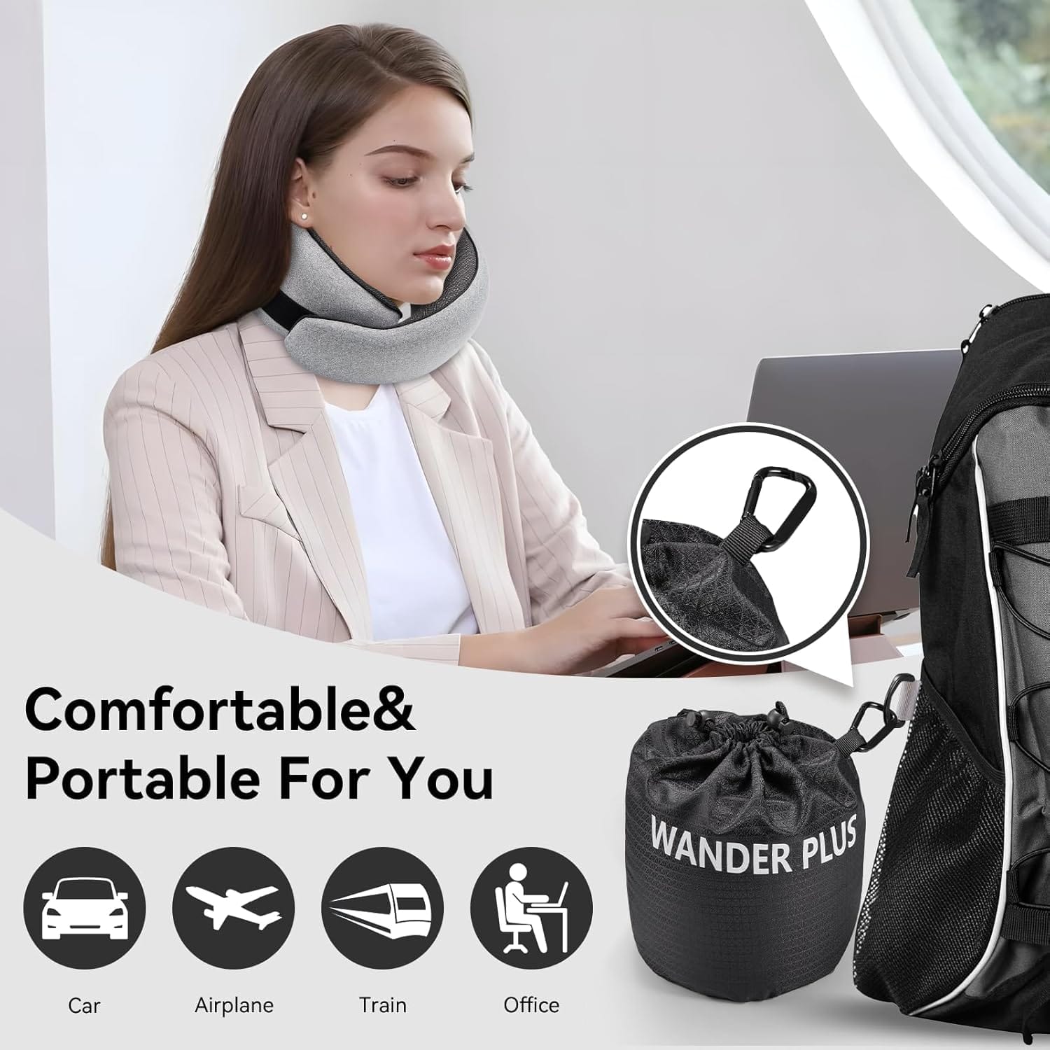 WANDER PLUS® Travel Pillow, 100% Pure Memory Foam Travel Neck Pillow Airplane Neck Support Ergonomic Design Best for Sleeping Plane Car Train Office Flight for Adults Grey - Image 6