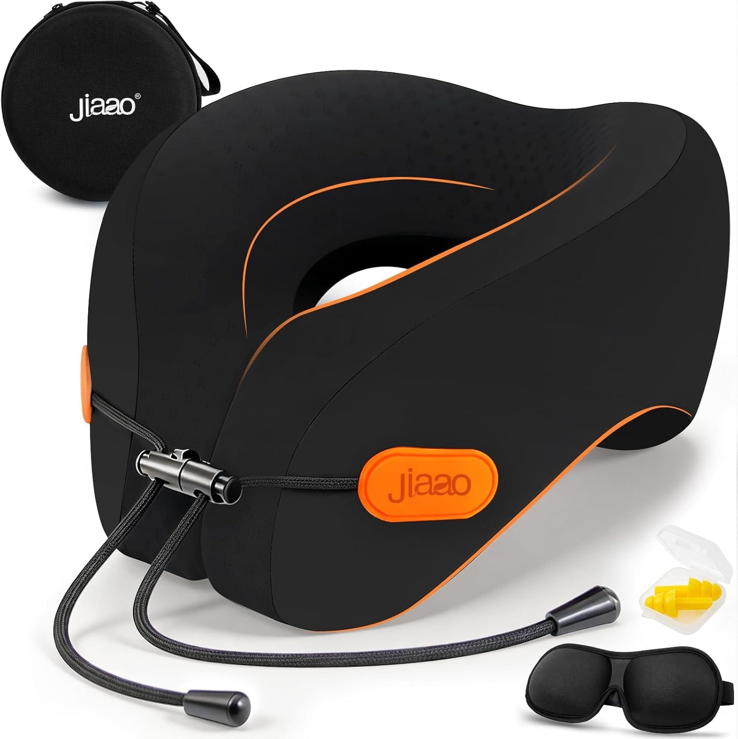jiaao Travel Pillow Memory Foam Neck Pillow for Airplanes with Adjustable Neck Support, Includes Eye Mask, Earplugs & Storage Bag - Perfect for Flights, Road Trips, and Trains - 1