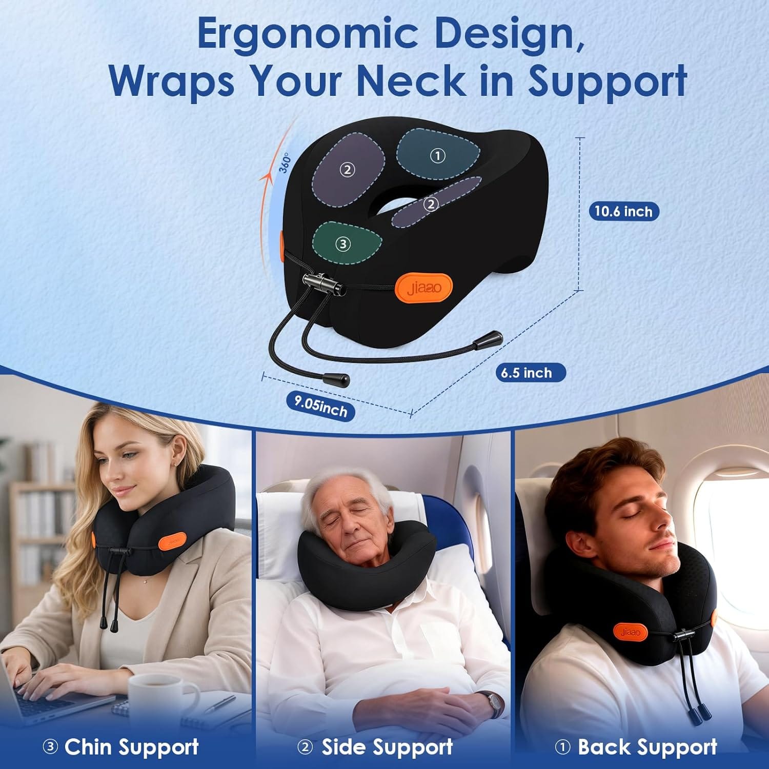 Travel Pillow Memory Foam Neck Pillow for Airplanes with Adjustable Neck Support, Includes Eye Mask, Earplugs & Storage Bag - Perfect for Flights, Road Trips, and Trains - Image 3
