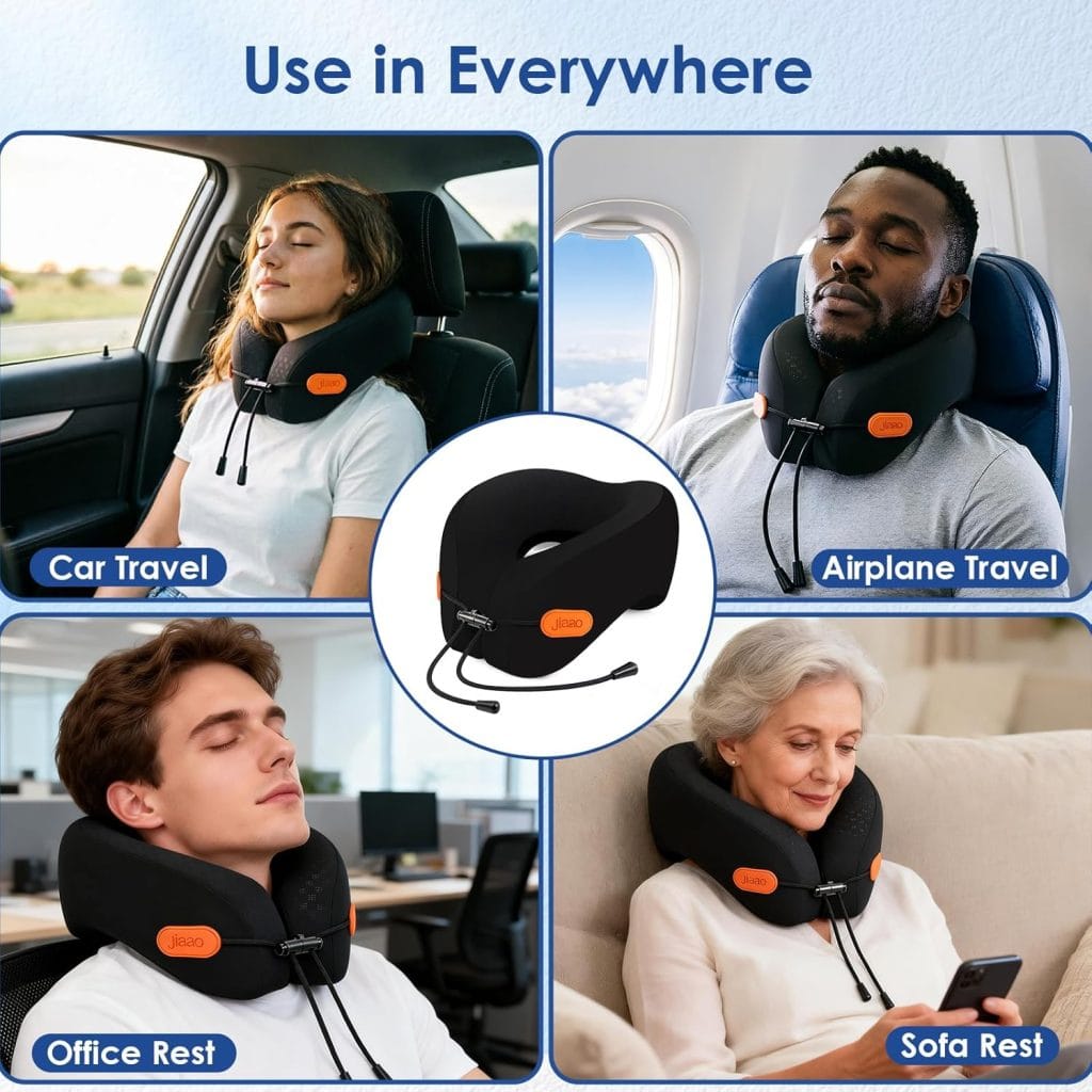 Travel Pillow Memory Foam Neck Pillow for Airplanes with Adjustable Neck Support, Includes Eye Mask, Earplugs & Storage Bag - Perfect for Flights, Road Trips, and Trains product use example