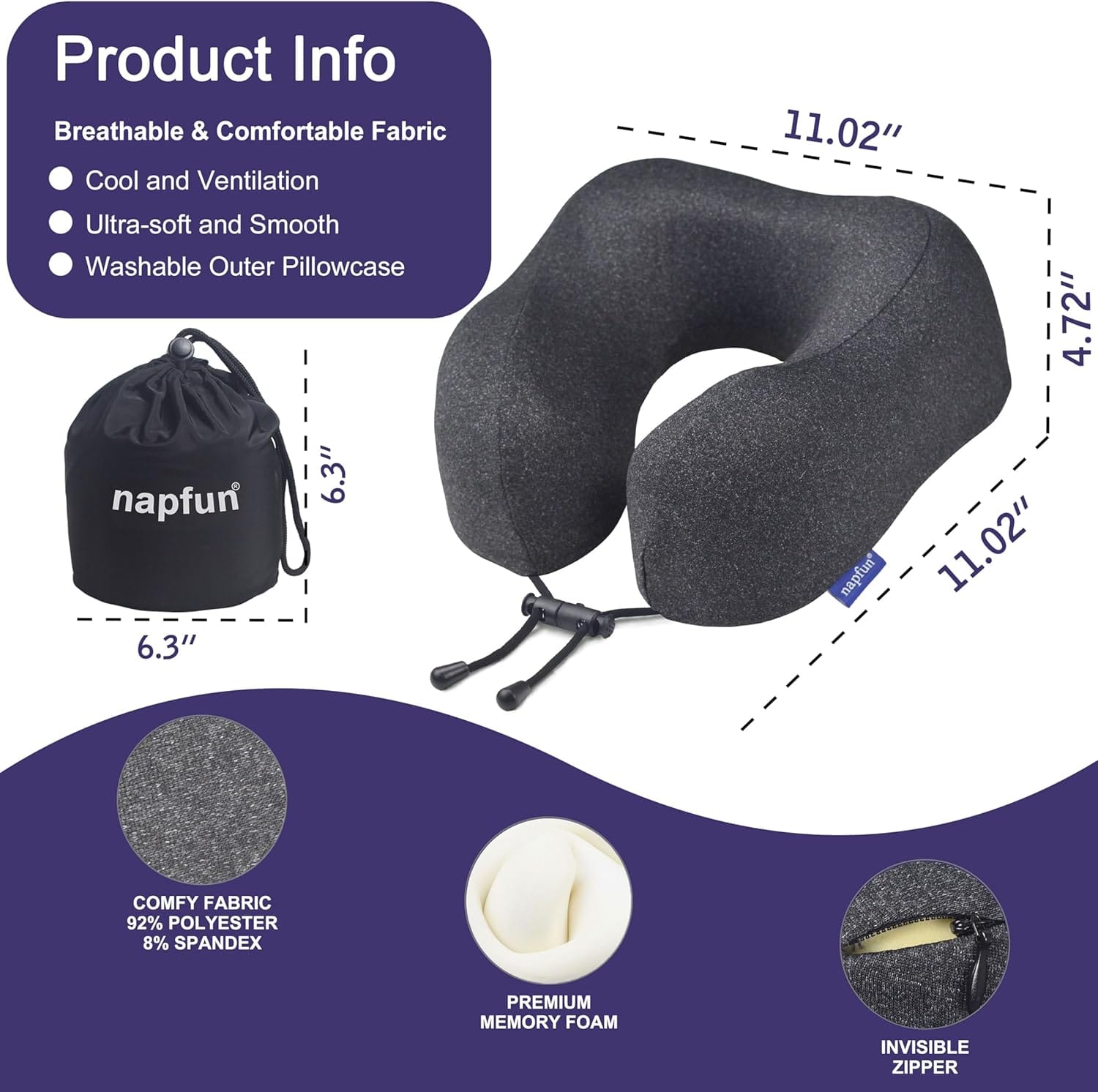 napfun Neck Pillow for Travel, Memory Foam Airplane Pillow, Full Black - Image 3