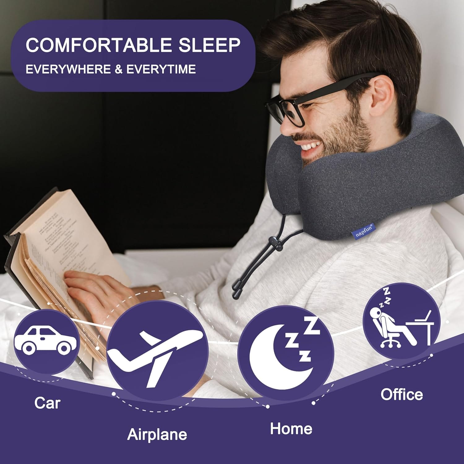 napfun Neck Pillow for Travel, Memory Foam Airplane Pillow, Full Black - Image 6