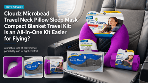 Cloudz Microbead Travel Neck Pillow Sleep Mask Compact Blanket Travel Kit shown at full image quality for travel comfort evaluation