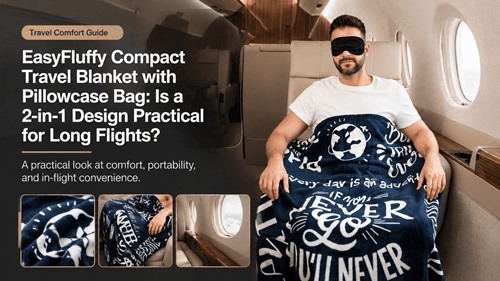 EasyFluffy Compact Travel Blanket with Pillowcase Bag shown at full image quality for travel comfort evaluation