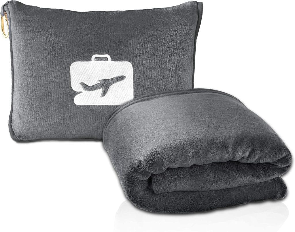 EverSnug Travel Blanket and Pillow – Premium Soft 2 in 1 Airplane Blanket with Soft Bag Pillowcase, Hand Luggage Sleeve and Backpack Clip (Grey)