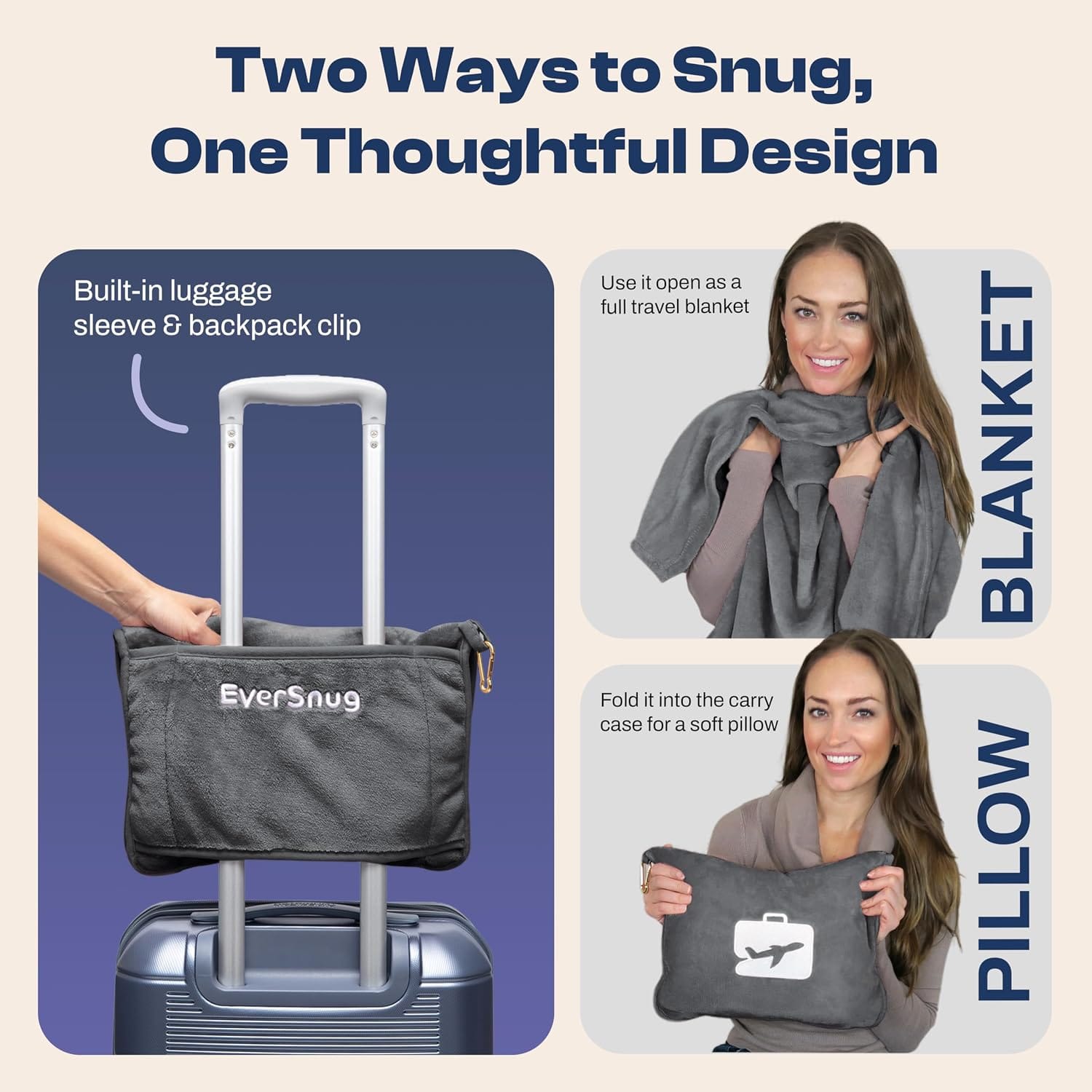EverSnug Travel Blanket and Pillow - Premium Soft 2 in 1 Airplane Blanket with Soft Bag Pillowcase, Hand Luggage Sleeve and Backpack Clip (Grey) - Image 7