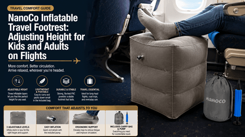 NanoCo Inflatable Travel Footrest: Adjusting Height for Kids and Adults on Flights