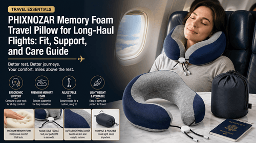 PHIXNOZAR Memory Foam Travel Pillow shown in a large original-quality image for long-haul fit and support evaluation
