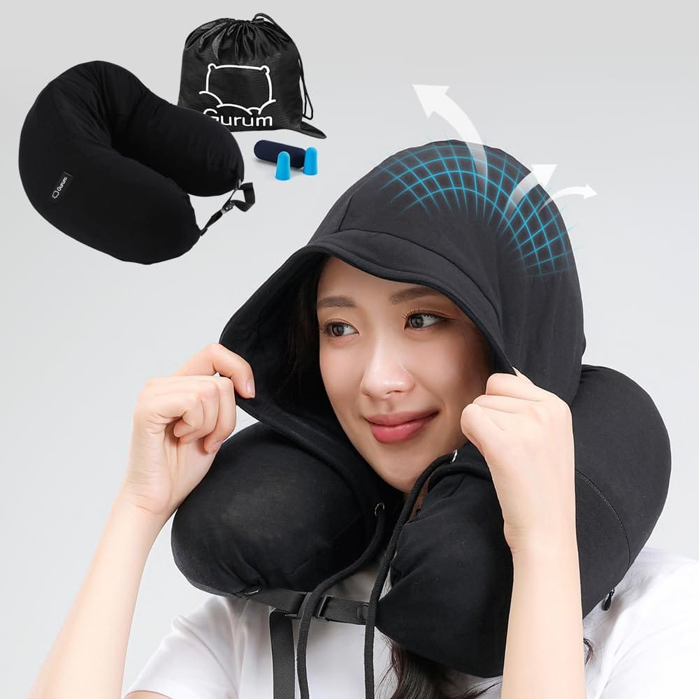Hooded Travel Pillow – Natural Latex Neck Support with Privacy Hood, Side Pocket & Tencel Cover for Airplane & Long Flights - Gurum™ - 1