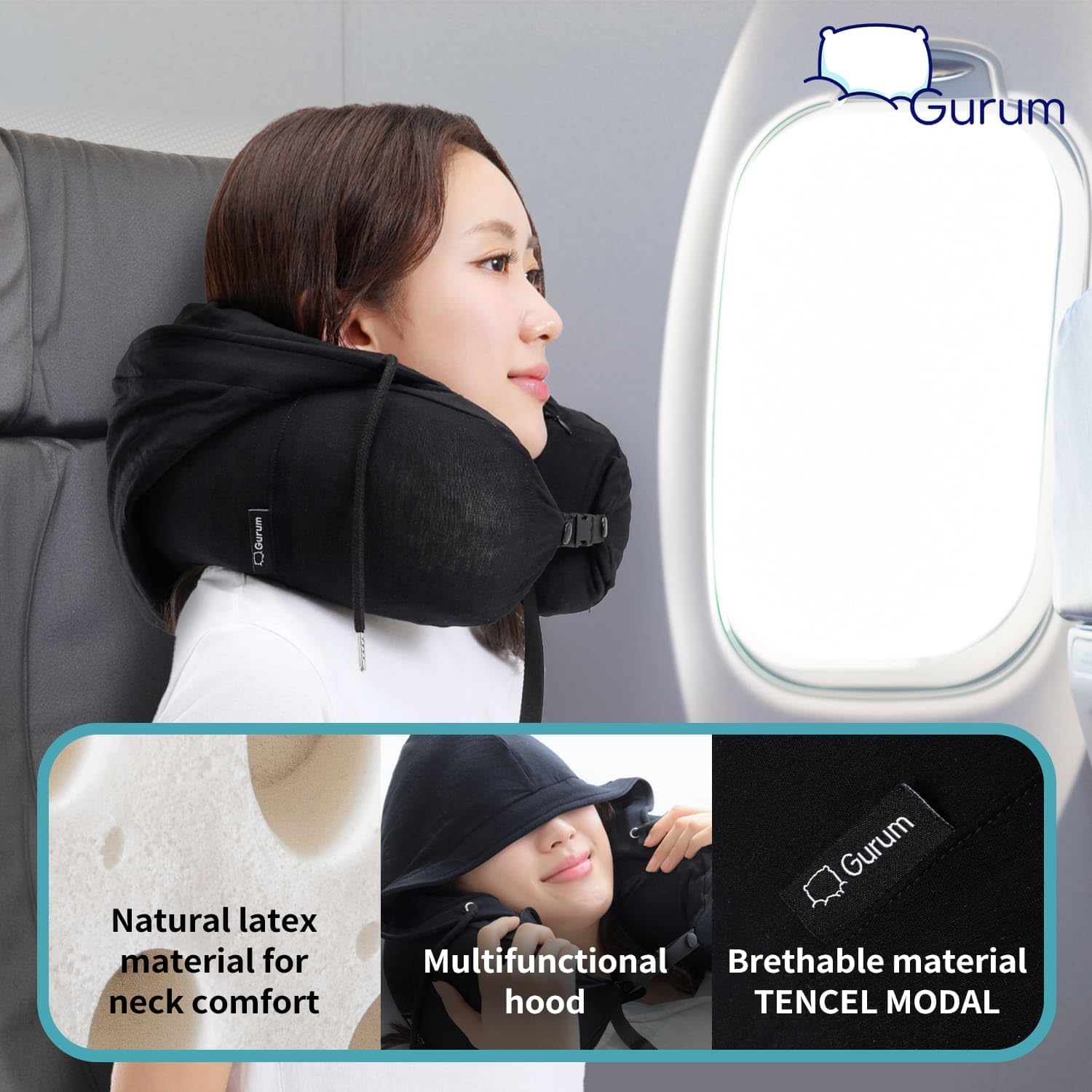 Hooded Travel Pillow – Natural Latex Neck Support with Privacy Hood, Side Pocket & Tencel Cover for Airplane & Long Flights | Gurum™ - Image 9