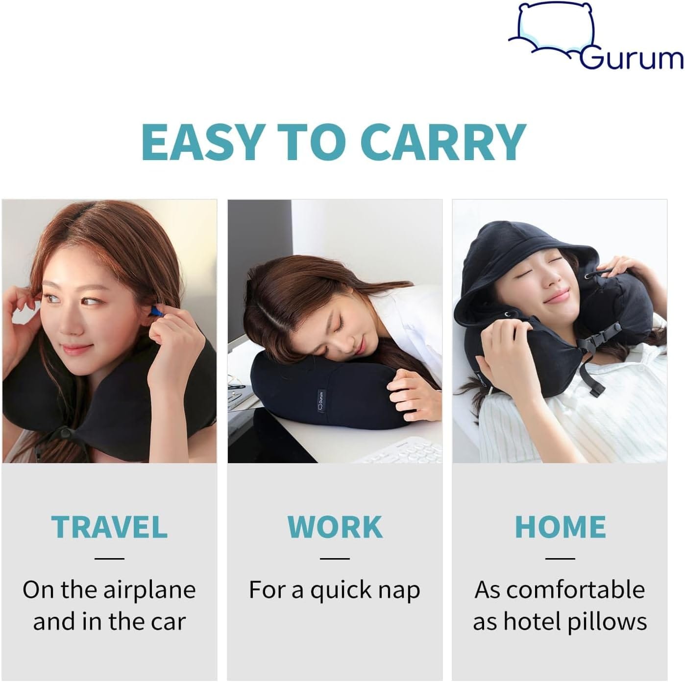 Hooded Travel Pillow – Natural Latex Neck Support with Privacy Hood, Side Pocket & Tencel Cover for Airplane & Long Flights | Gurum™ - Image 3