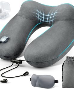 Inflatable Travel Neck Pillow for Airplanes, Super Soft Velvet Neck Support, Adjustable Firmness, Blow Up Plane Pillow for Long Flights, Road Trips, Travel Essentials with Eye Mask, Earplug